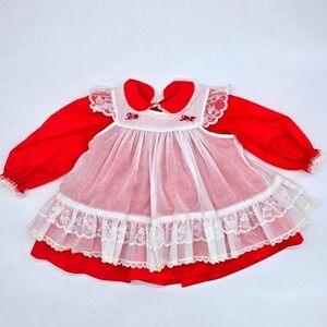 Vintage Bryan Red Toddler Dress Lace Trim  Pinafore Dress Size T2